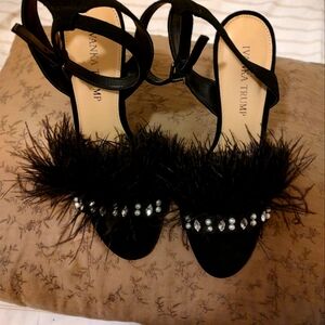 Ivanka Trump Black ostrich feather ankle straps.